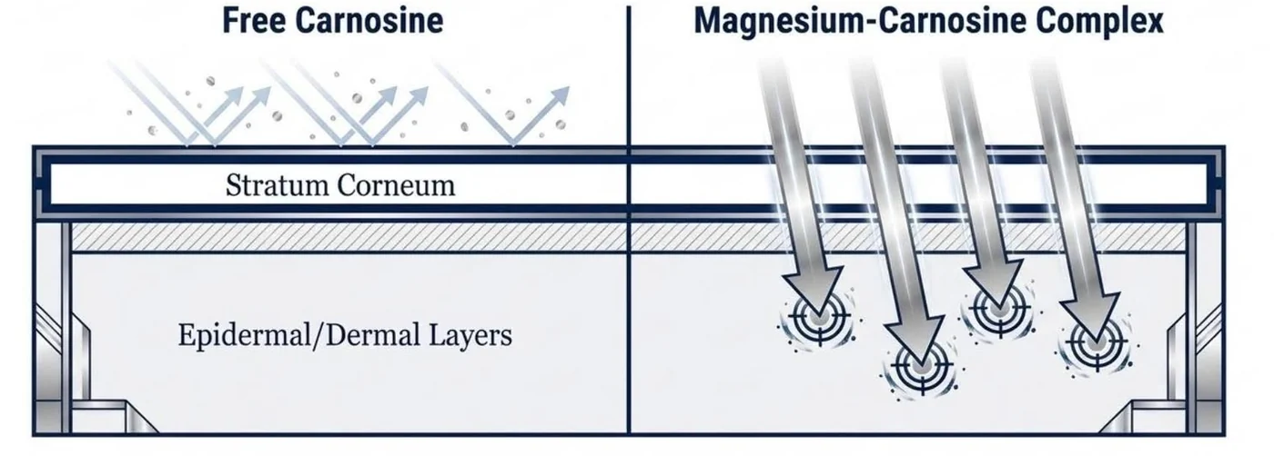 Diagram: free carnosine bounces off the outer skin layer while the magnesium carnosine complex passes through into the lower layers